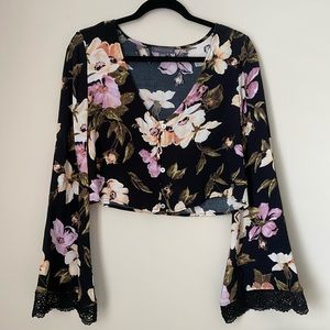 Kendall & Kylie black floral bell sleeve crop top